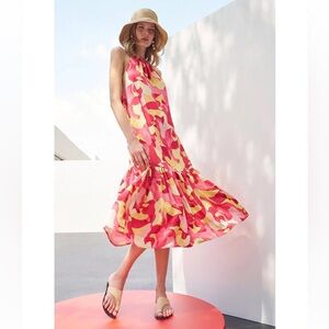 MING WANG ABSTRACT PRINT CREPE DE CHINE HALTER SLEEVELES TIERED MAXI DRESS SZ M